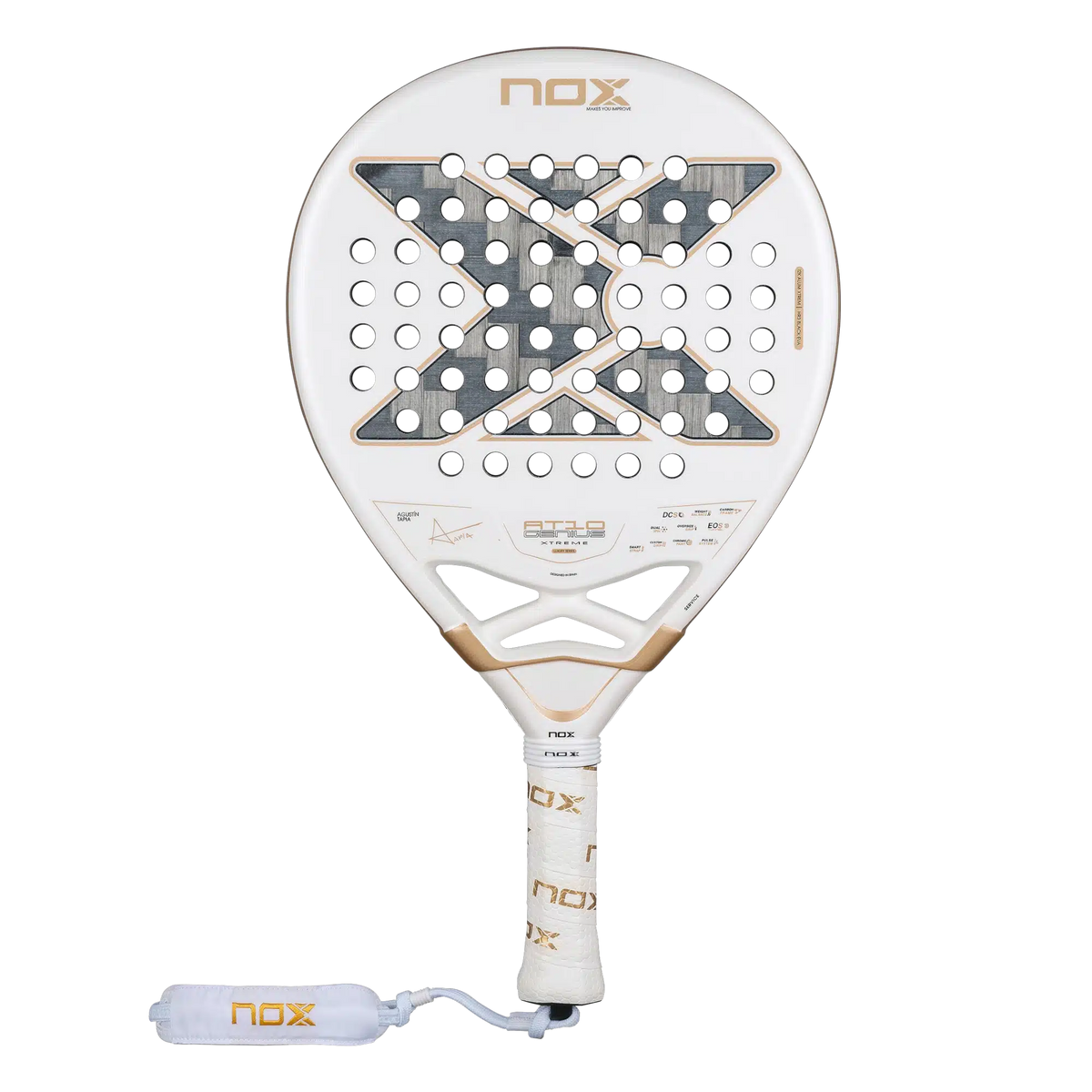 Raquette de padel NOX AT10 Genius 12K Alum Xtrem 2026 blanche et or, face avant, fond blanc